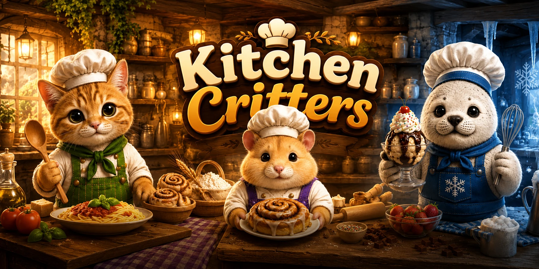 Chef Basil, Chef Biscuit, and Chef Pluff gathered in the Kitchen Critters kitchen