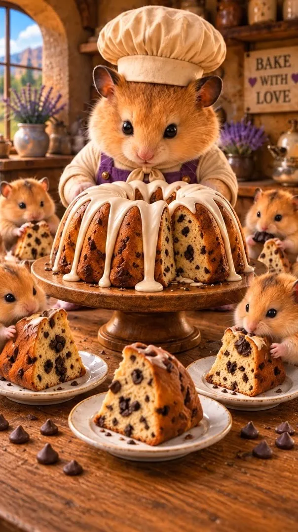 Chef Biscuit presenting Chocolate Chip Bundt Cake