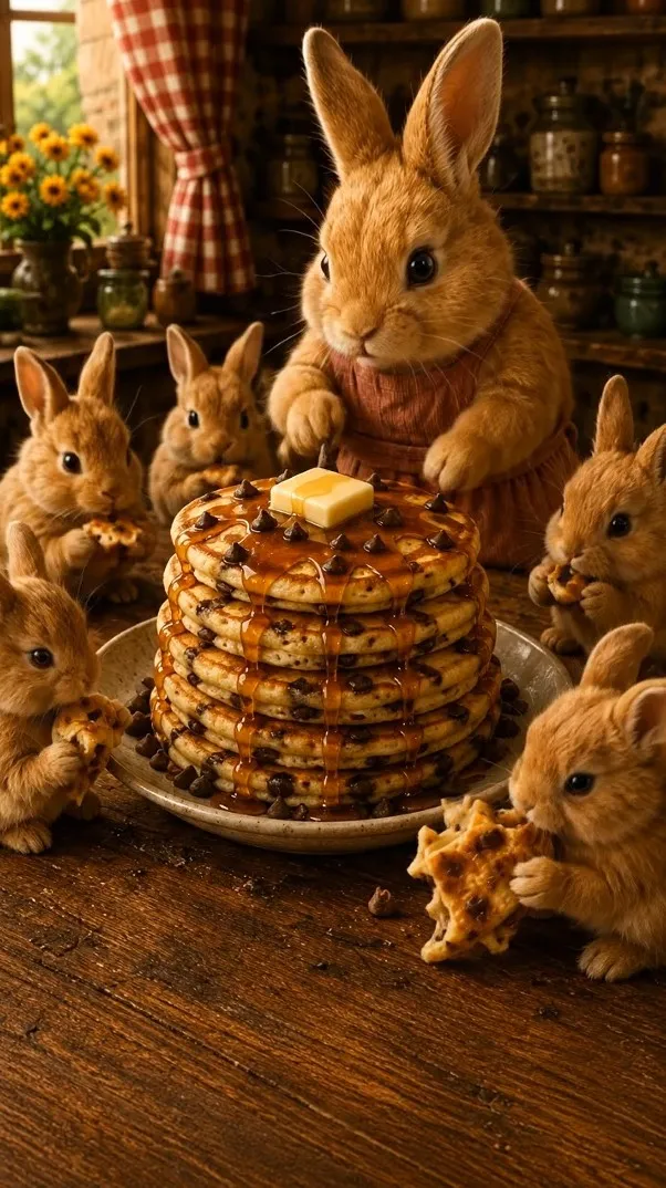 Chef BunBun presenting Chocolate Chip Pancakes