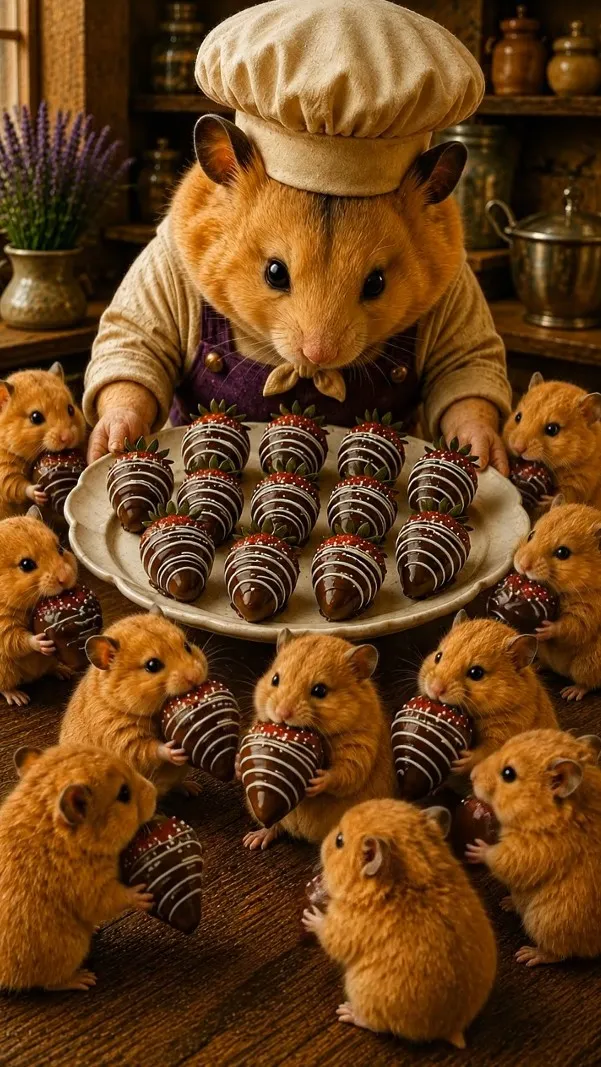Chef Biscuit presenting Chocolate Covered Strawberries