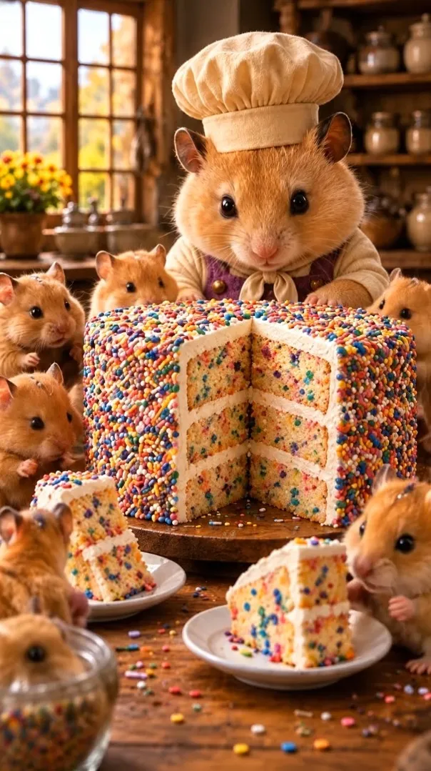 Chef Biscuit presenting Funfetti Cake