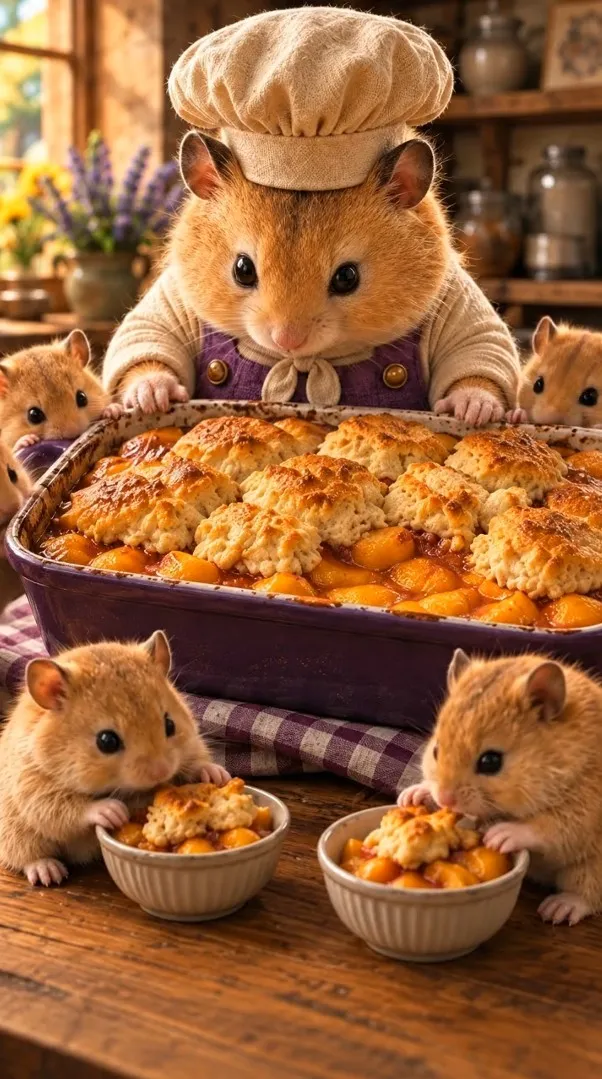 Chef Biscuit presenting Peach Cobbler