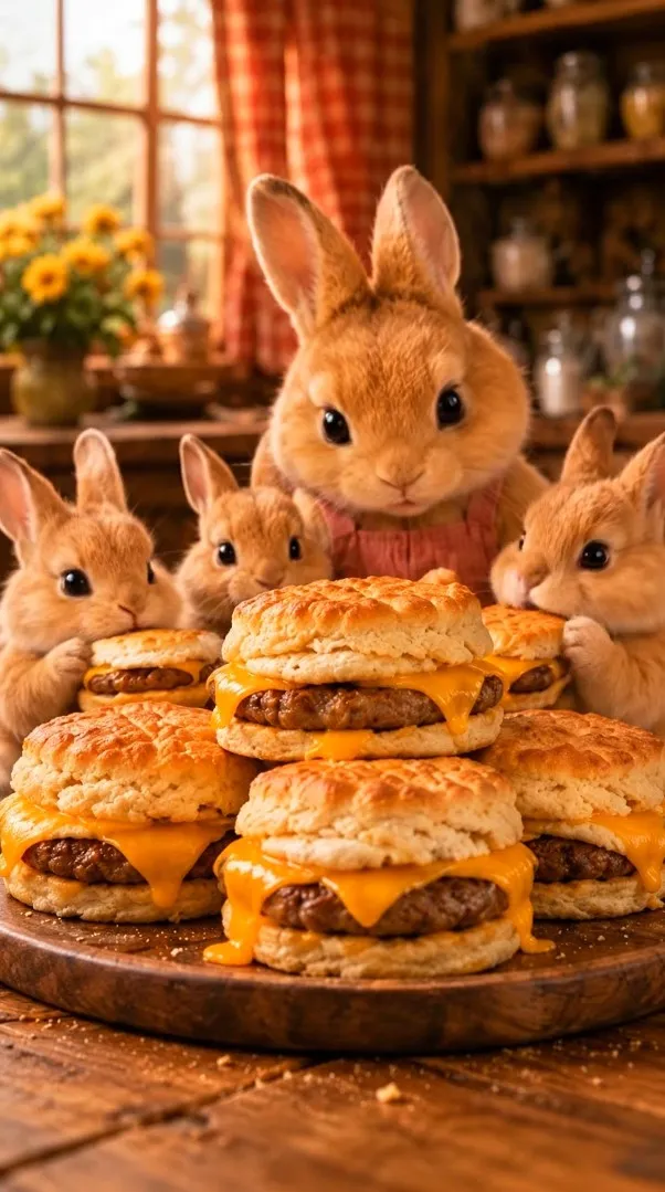 Chef BunBun presenting Sausage, Egg & Cheese Biscuits