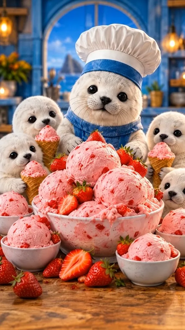 Chef Pluff presenting Strawberry Ice Cream