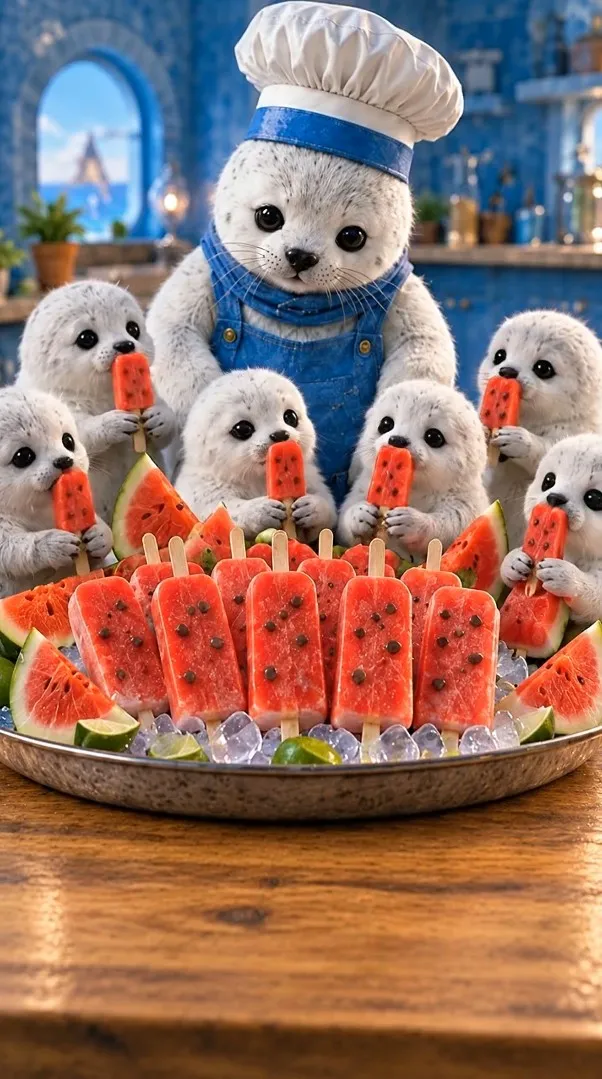 Chef Pluff presenting Watermelon Popsicles